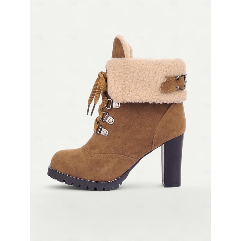 Women's Plush-Lined Lace-Up Winter Boots with Chunky Heel