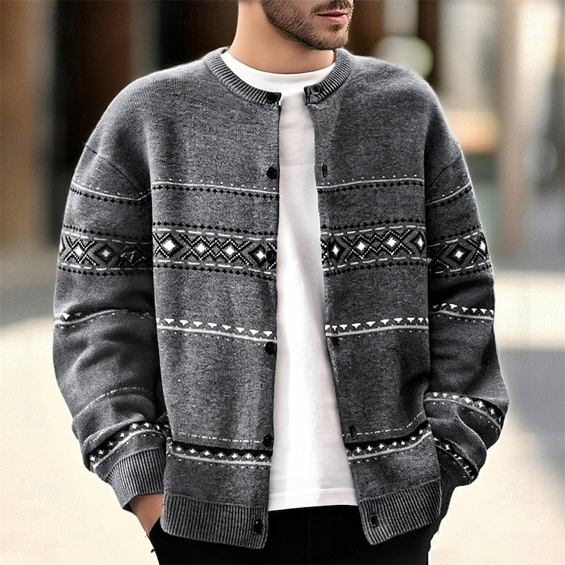 Men's Geometric Pattern Button-Down Holiday Cardigan - Beige