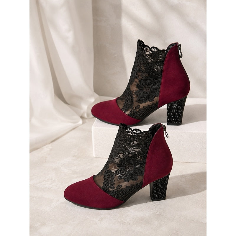 Women's Floral Lace Block Heel Ankle Boots - Yellow