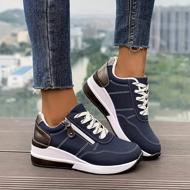 Women's Lace-Up Platform Sneakers with Contrast Heel Tab - Blue