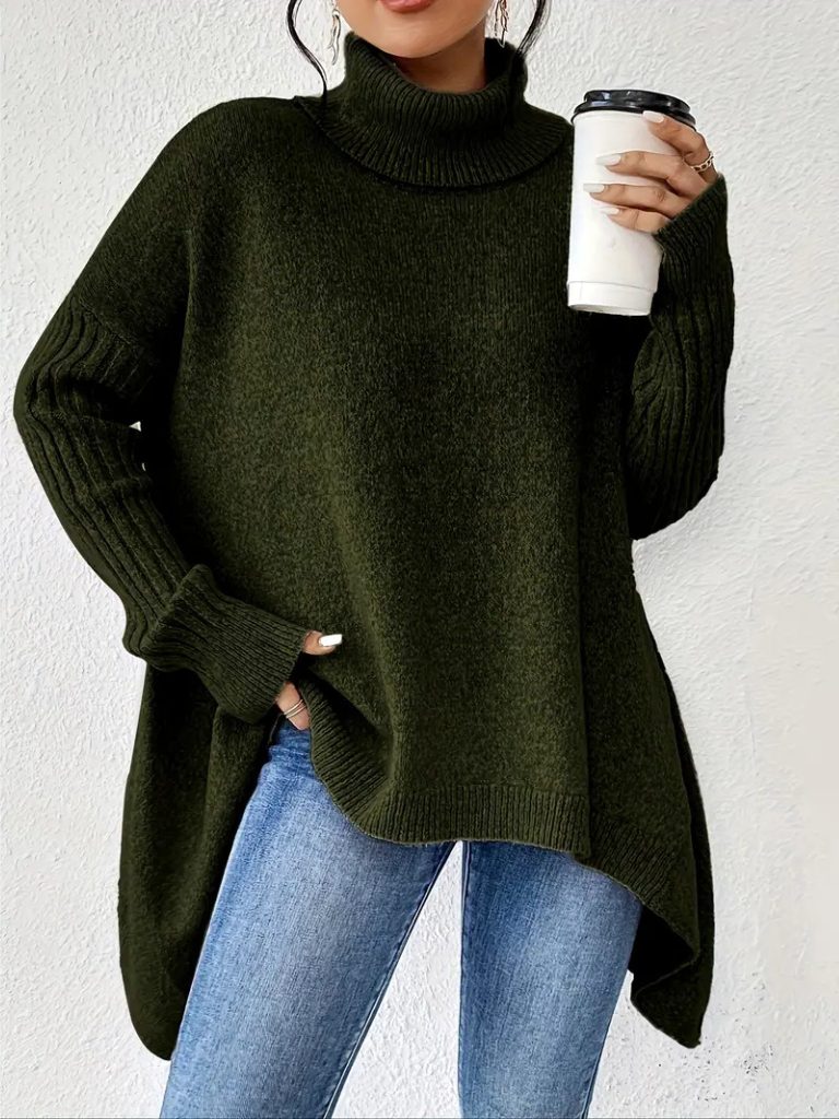 Women's Oversized Asymmetric-Hem Turtleneck Sweater - Dark Green