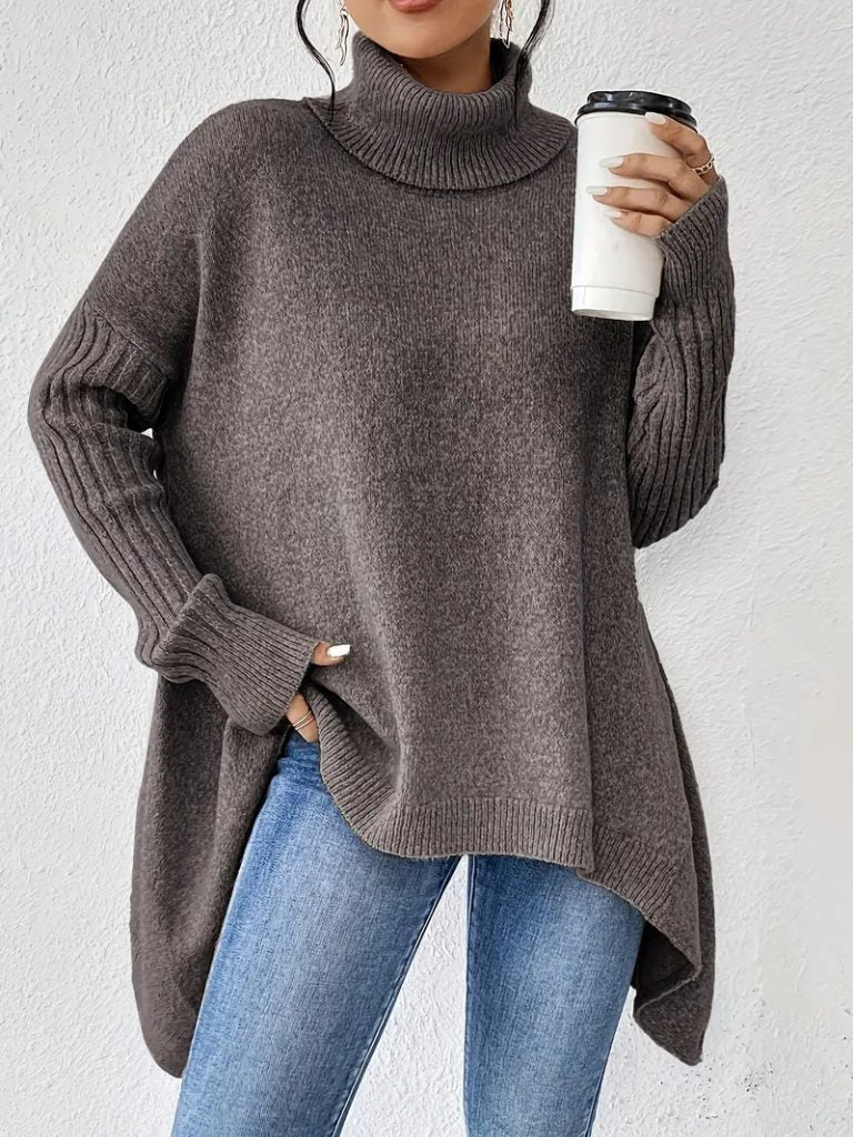 Women's Oversized Asymmetric-Hem Turtleneck Sweater - Taupe