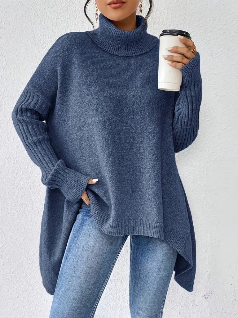 Women's Oversized Asymmetric-Hem Turtleneck Sweater - Blue