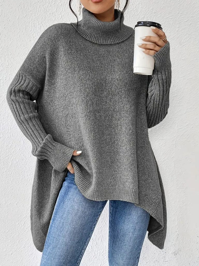 Women's Oversized Asymmetric-Hem Turtleneck Sweater - Gray