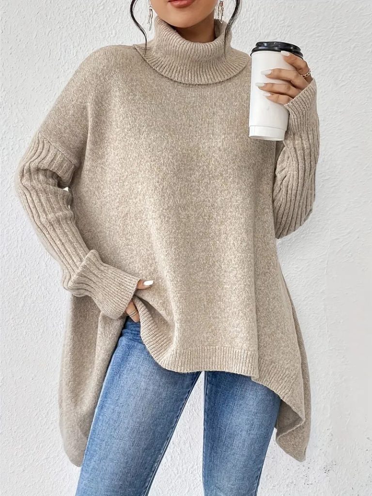 Women's Oversized Asymmetric-Hem Turtleneck Sweater