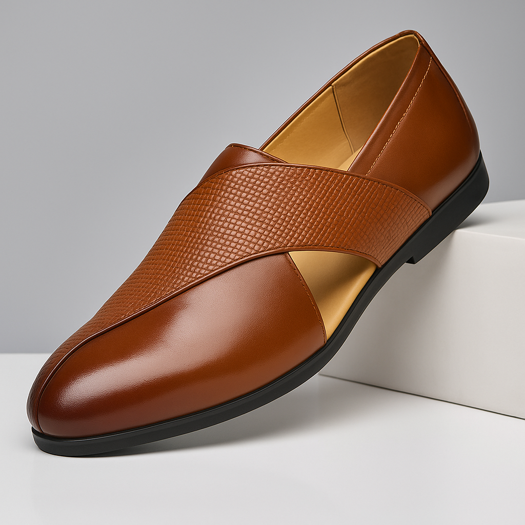 Women's Leather Loafers with Woven Crisscross Straps - Brown