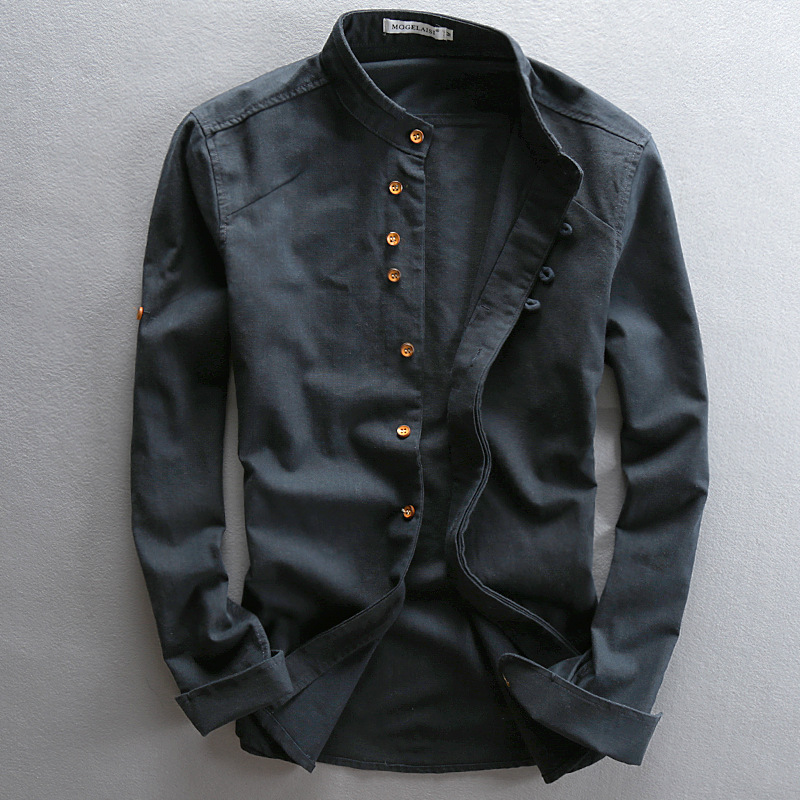 Men's Grandad Collar Button-Up Shirt - Black