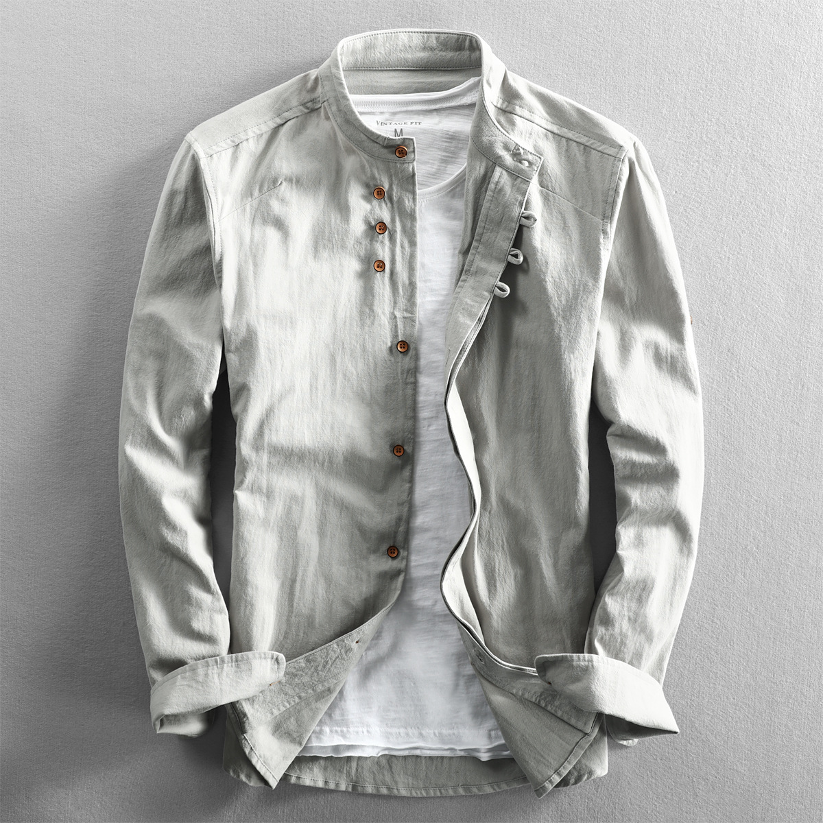 Men's Grandad Collar Button-Up Shirt - Light Gray