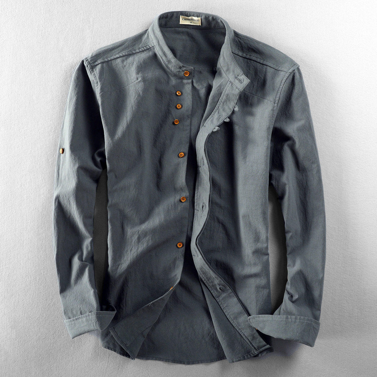 Men's Grandad Collar Button-Up Shirt - Dark Gray