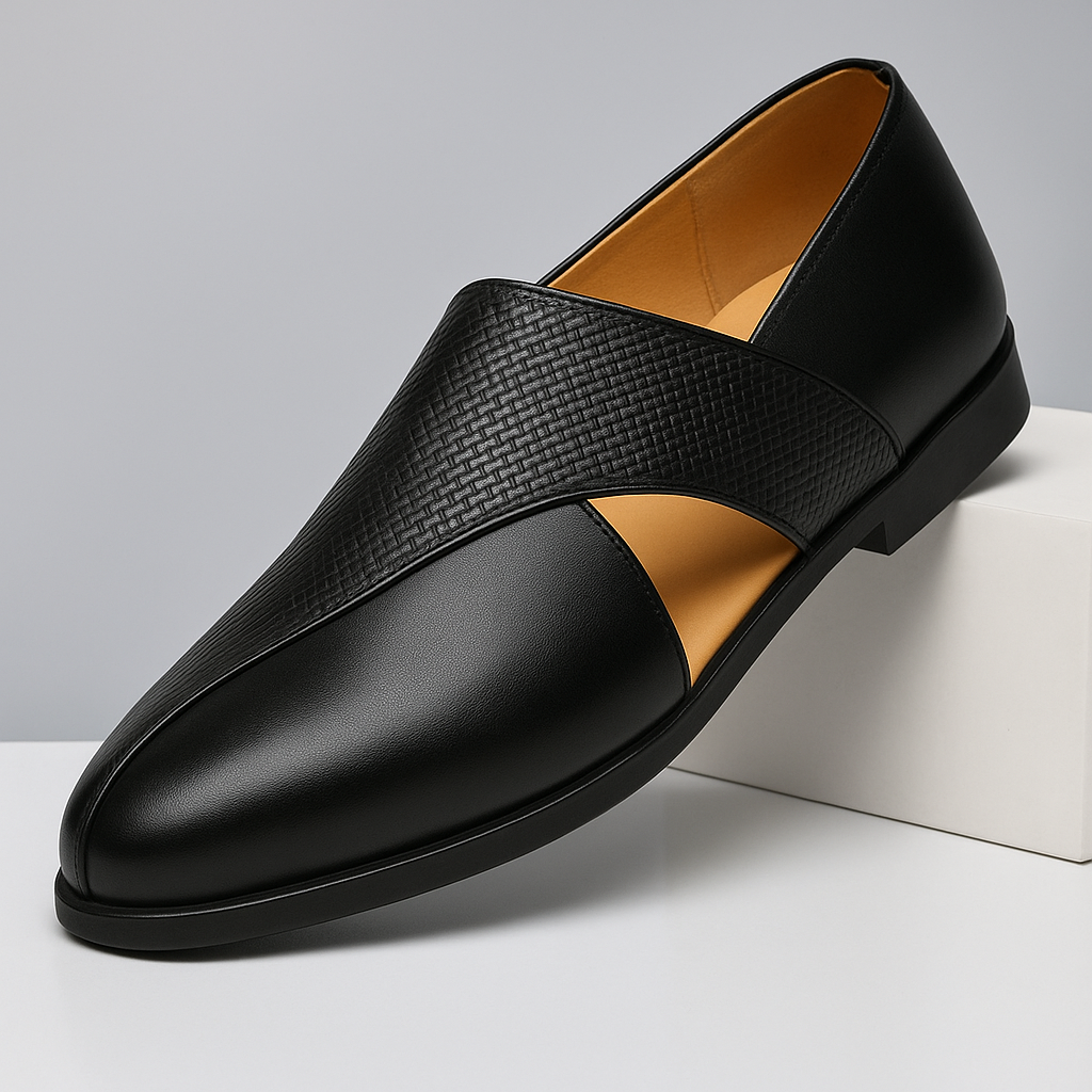 Women's Leather Loafers with Woven Crisscross Straps - Black