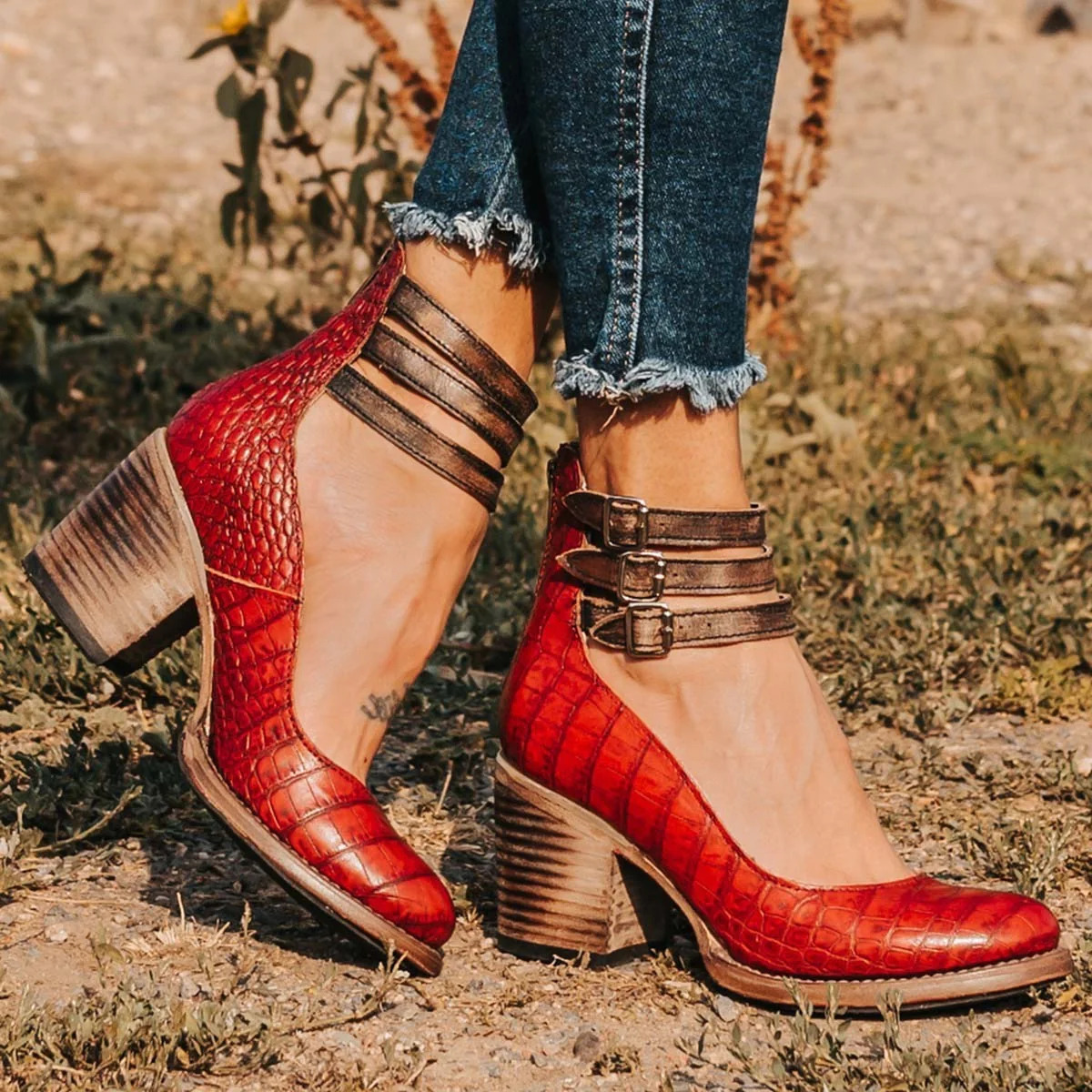 Women's Block Heel Ankle Strap Boots