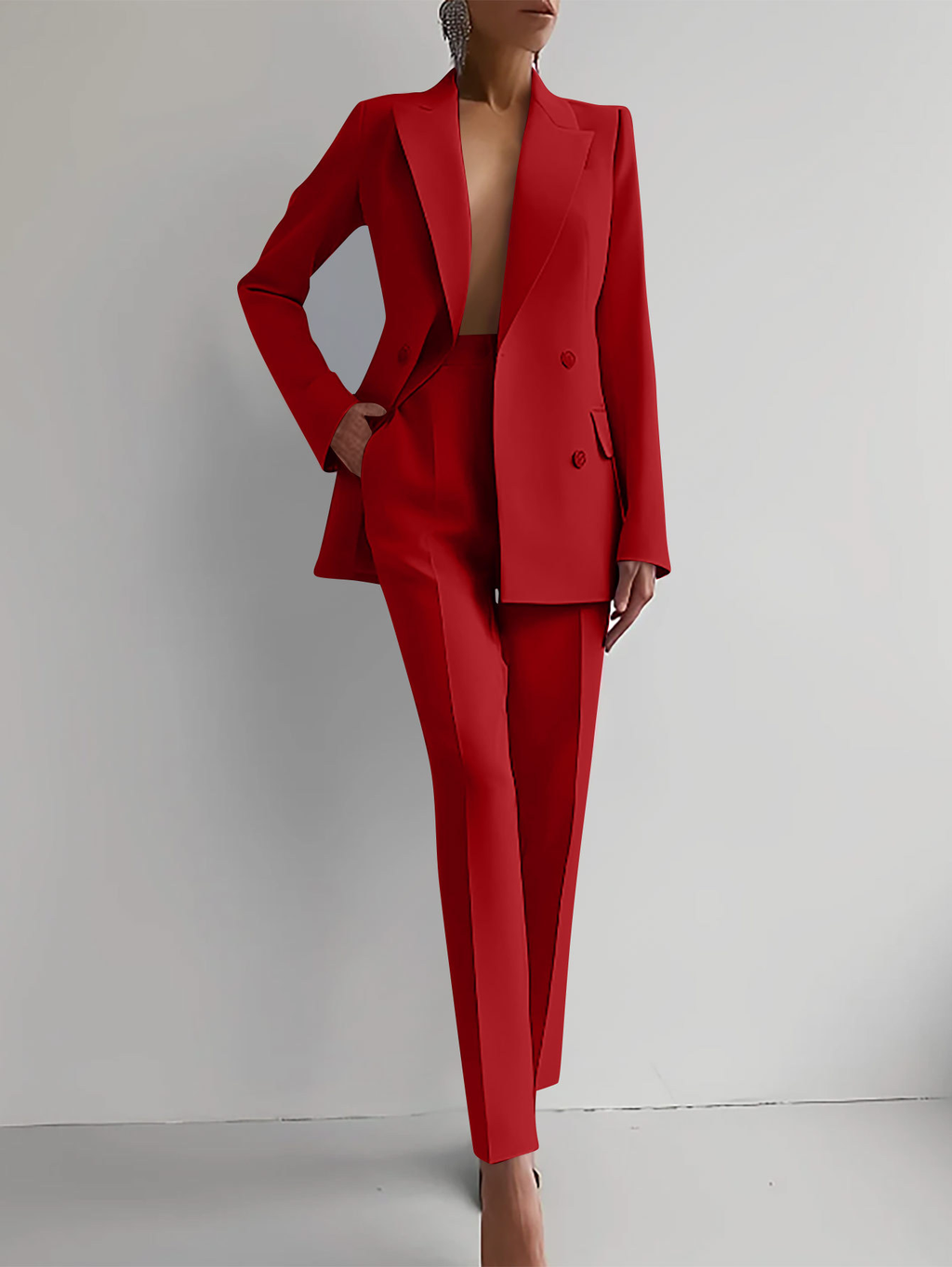 Women's Double-Breasted Blazer and Slim Trouser Suit Set - Red