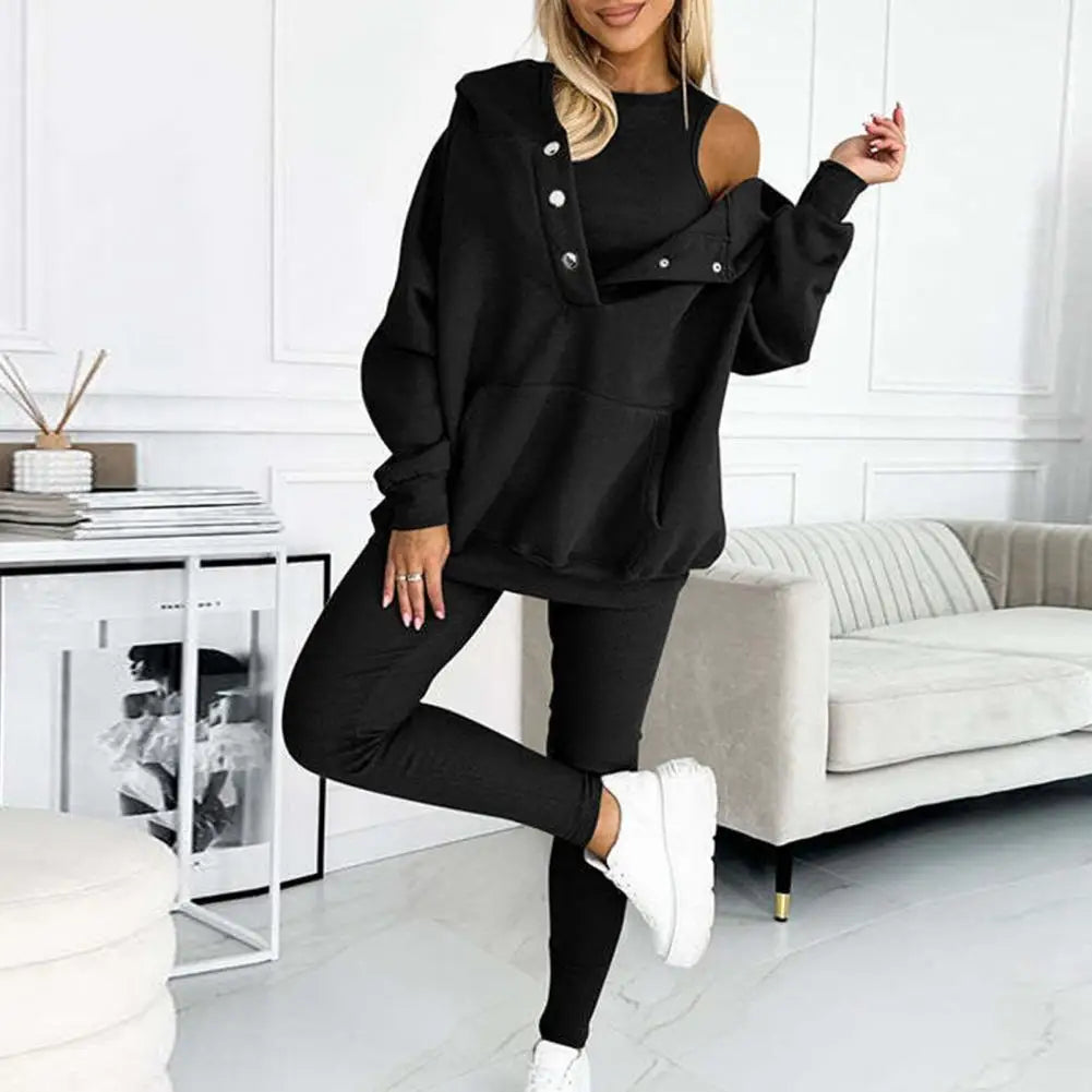 Women's Button-Neck Hoodie and Leggings Two-Piece Set - Black
