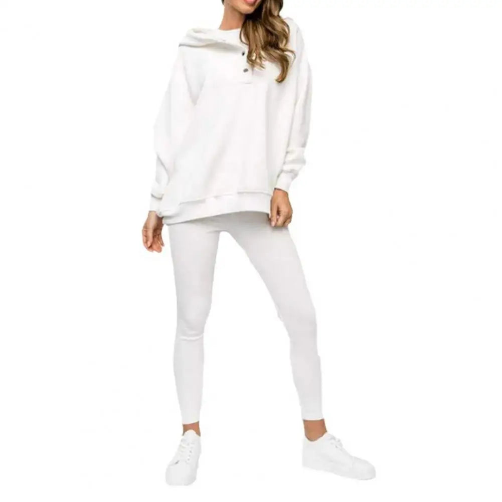 Women's Button-Neck Hoodie and Leggings Two-Piece Set - White
