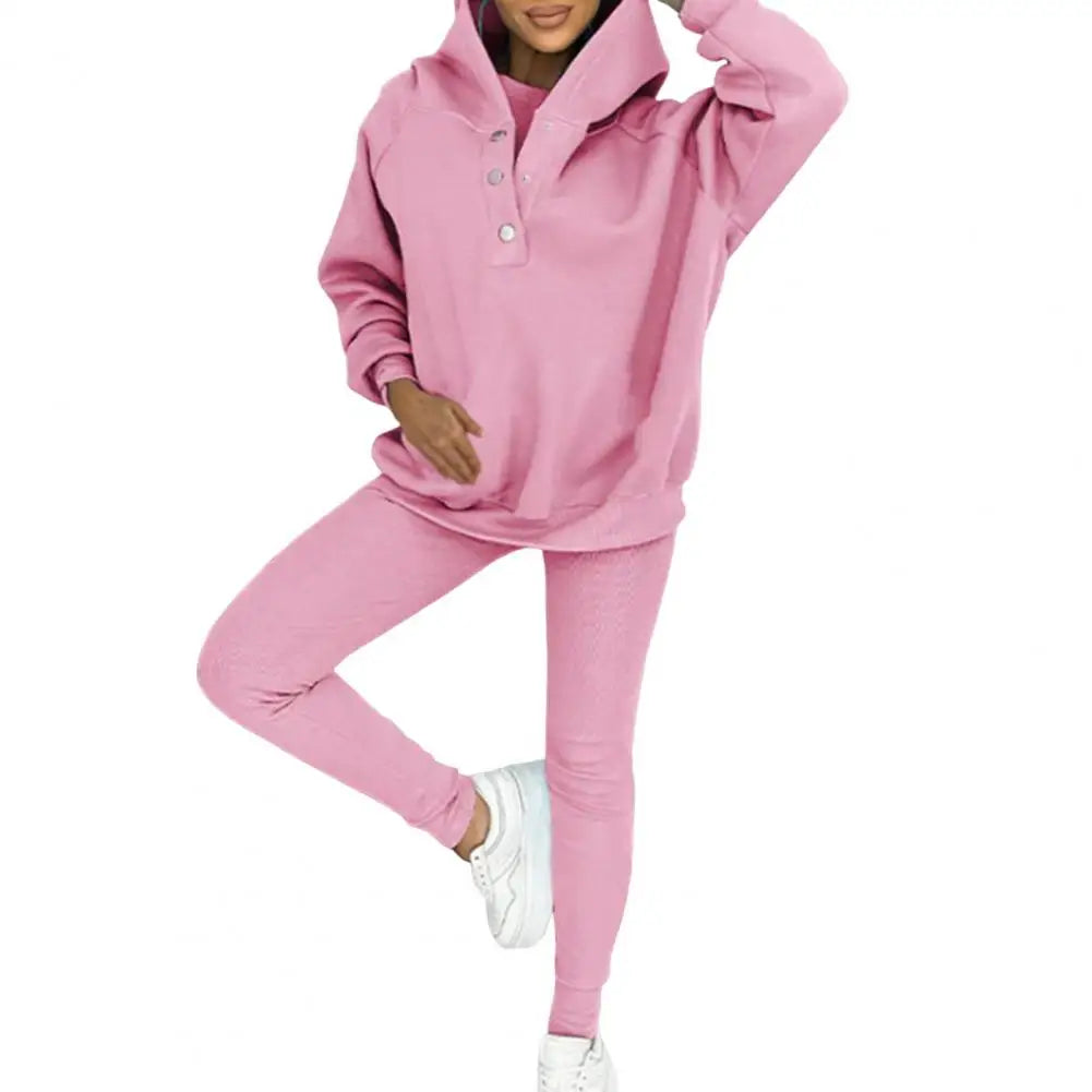 Women's Button-Neck Hoodie and Leggings Two-Piece Set - Pink