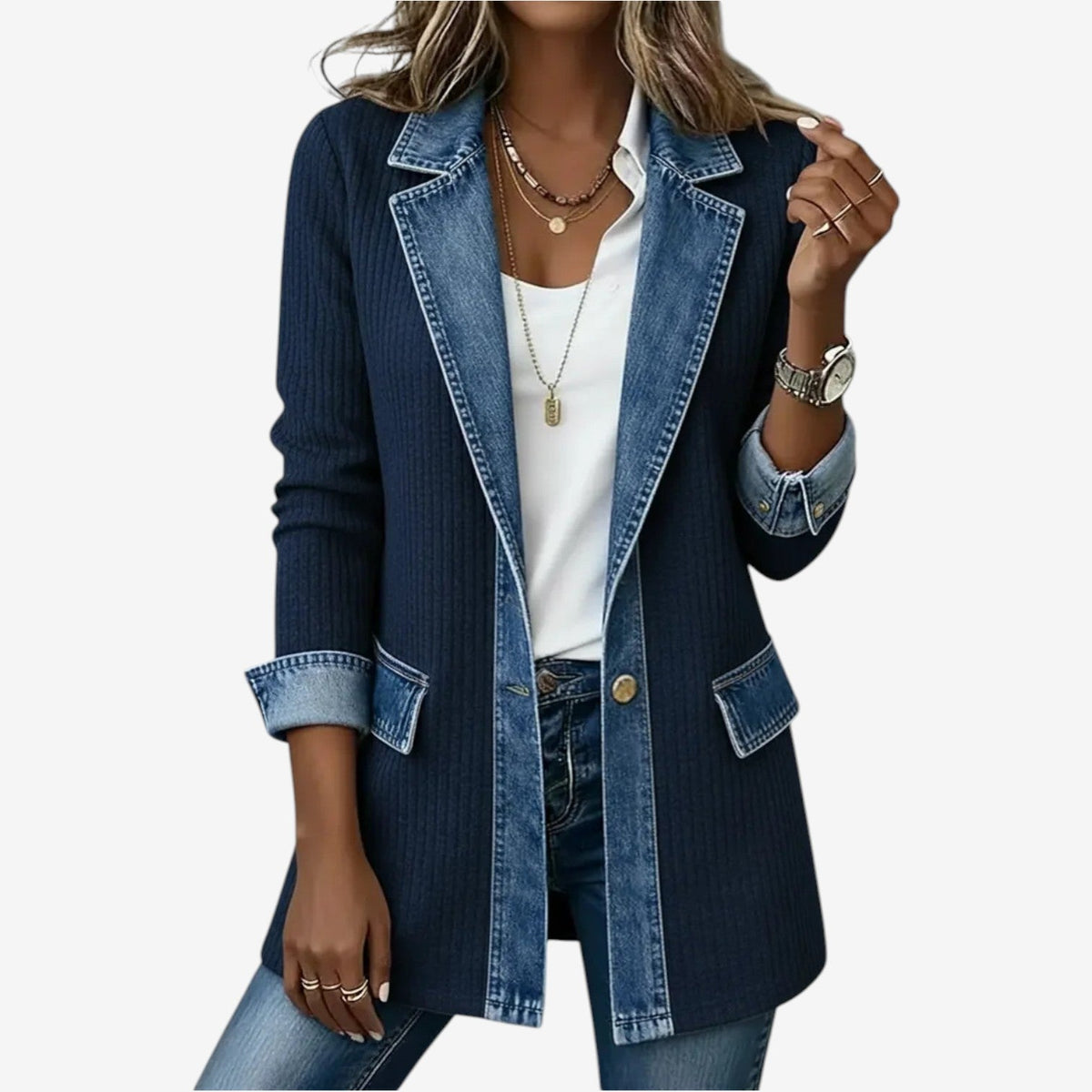 Women's Knit and Denim Layered Collar Button Jacket