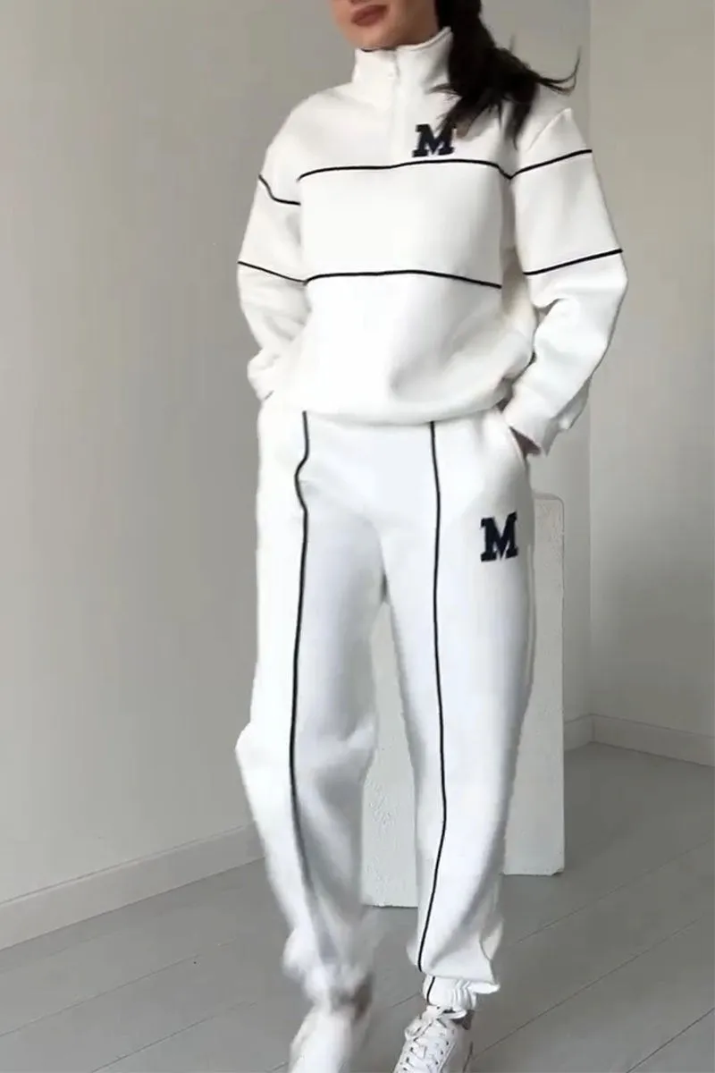 Women's Zip Neck Top and Tapered Jogger Set - White