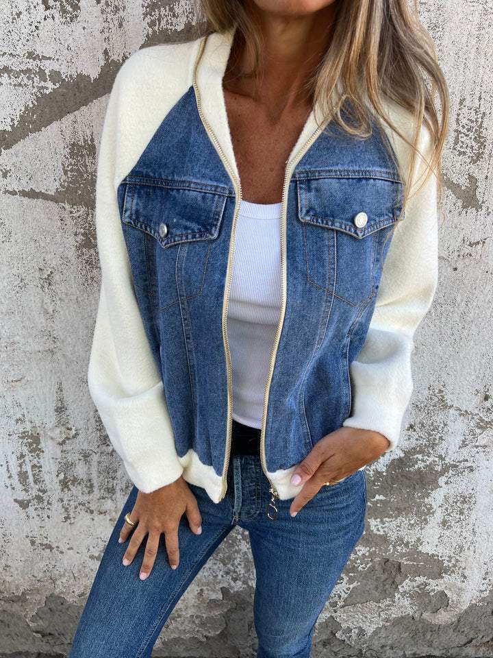 Women's Short Denim-Front Zip-Up Jacket - Blue