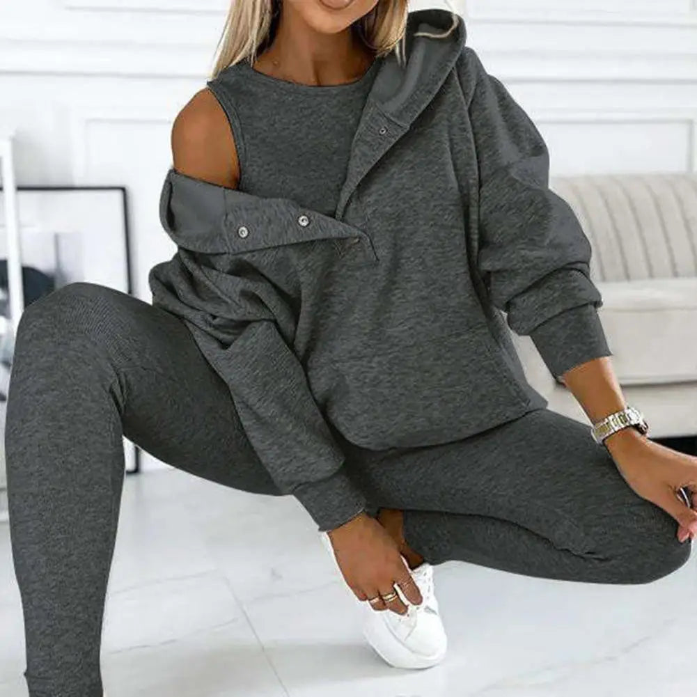 Women's Button-Neck Hoodie and Leggings Two-Piece Set