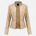 Women's Cropped Zip-Up Leather Jacket - Beige