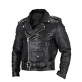 Men's Asymmetric Zip Leather Biker Jacket with Belted Waist - Black