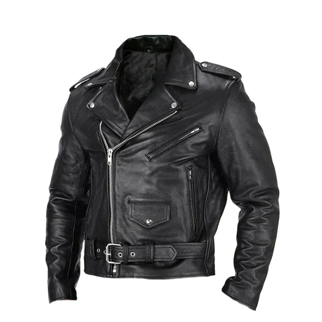 Men's Asymmetric Zip Leather Biker Jacket with Belted Waist - Black