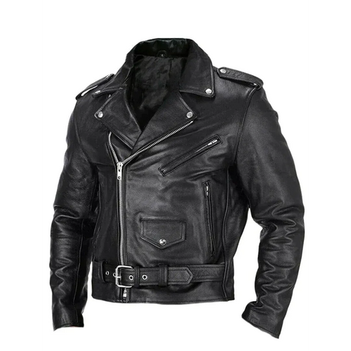 Men's Asymmetric Zip Leather Biker Jacket with Belted Waist - Black