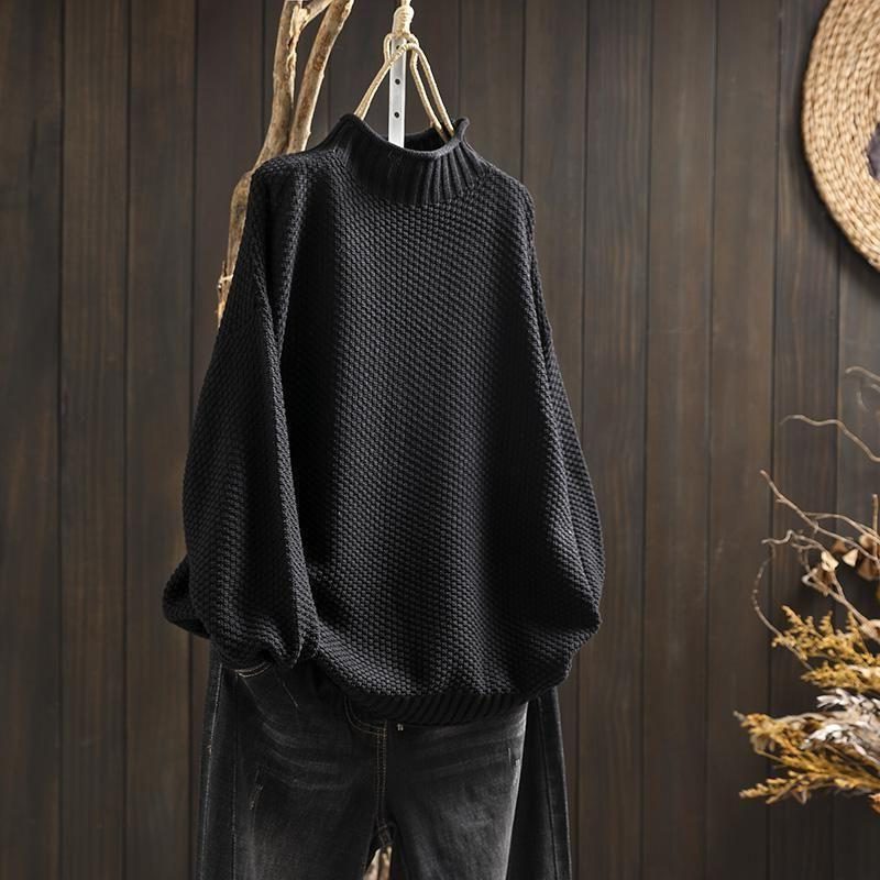 Women's Textured Wool Crew Neck Sweater - Black
