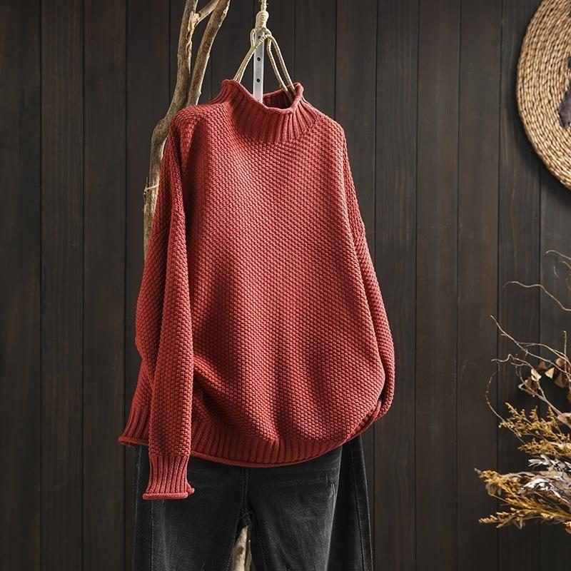 Women's Textured Wool Crew Neck Sweater - Red