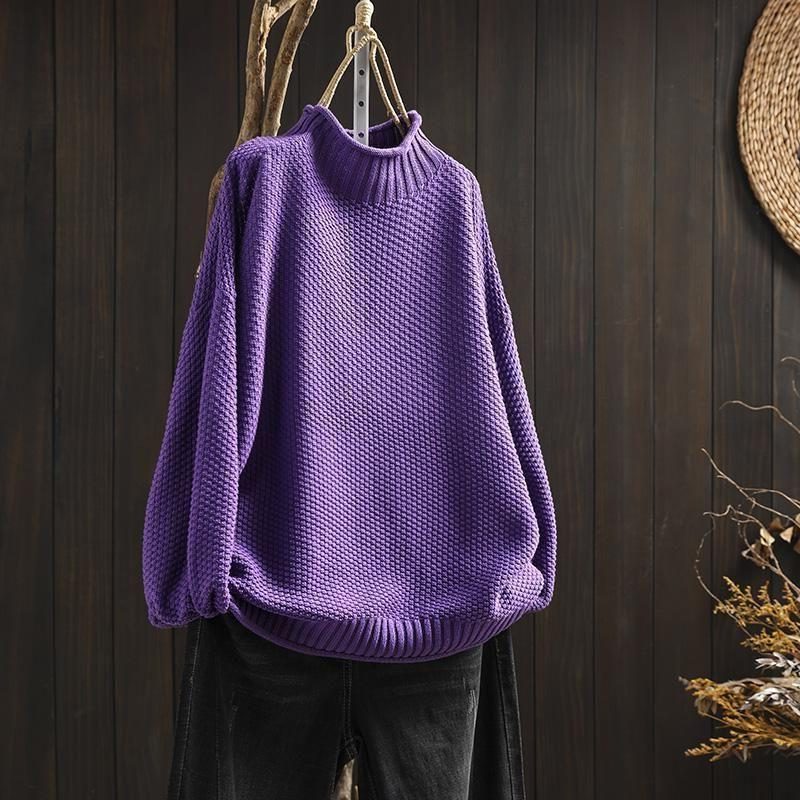 Women's Textured Wool Crew Neck Sweater - Purple