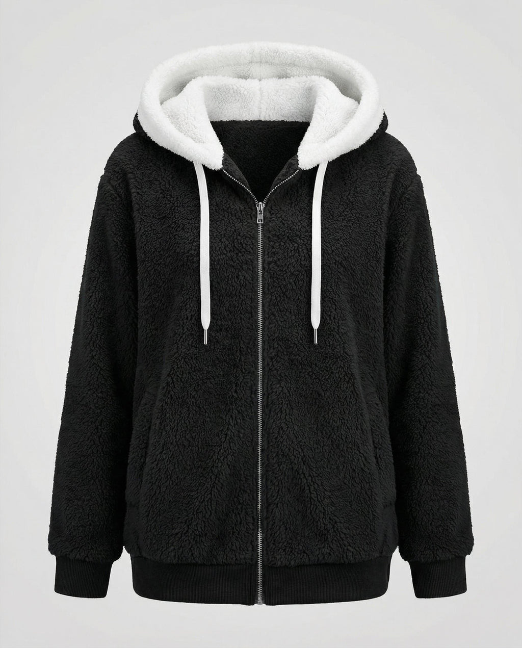 Women's Oversized Fleece Jacket with Sherpa-Lined Hood - Black