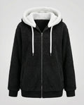 Women's Oversized Fleece Jacket with Sherpa-Lined Hood - Black