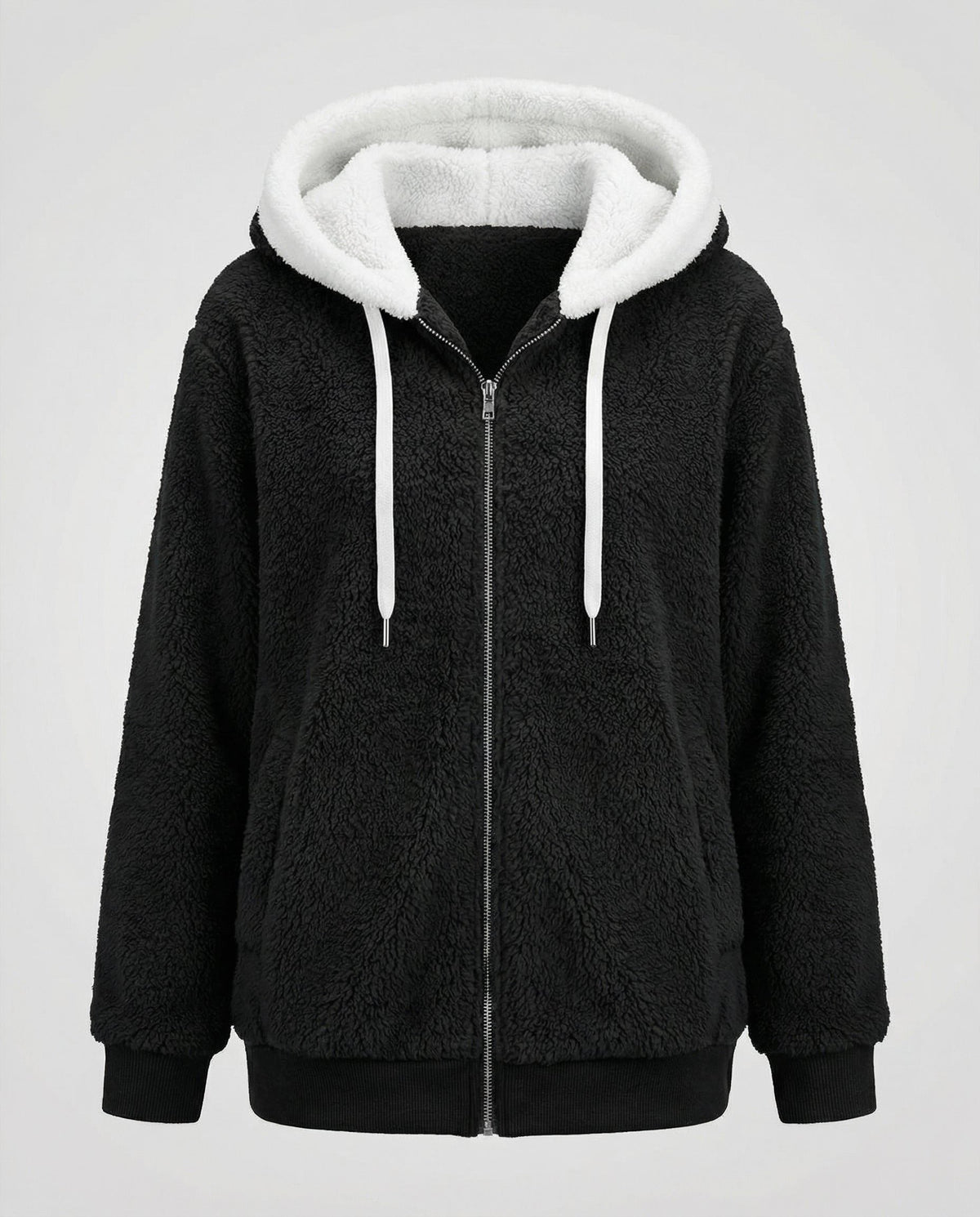 Women's Oversized Fleece Jacket with Sherpa-Lined Hood - Black