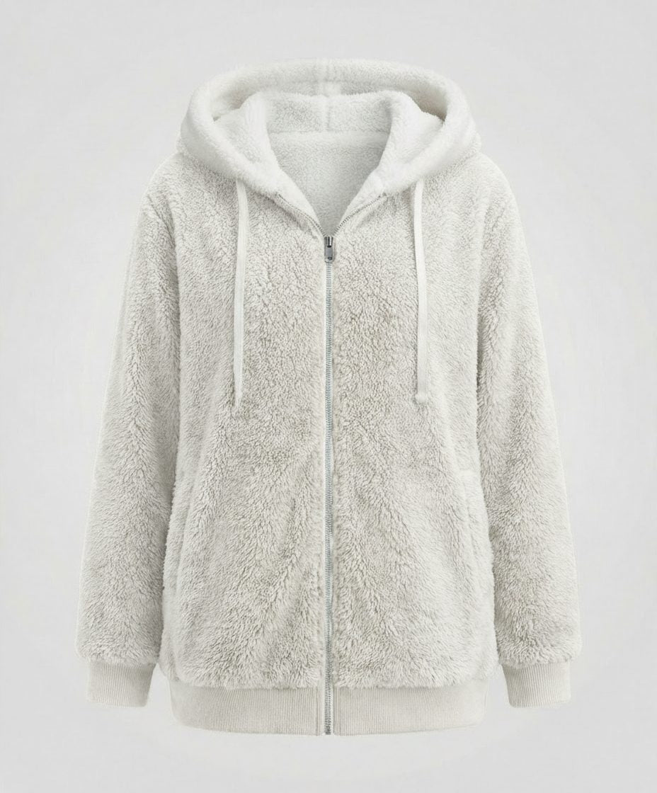 Women's Oversized Fleece Jacket with Sherpa-Lined Hood - Snow White