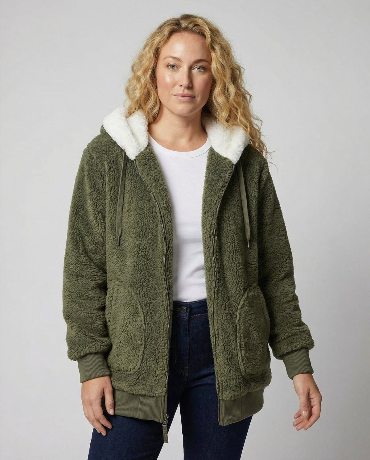 Women's Oversized Fleece Jacket with Sherpa-Lined Hood - Olive