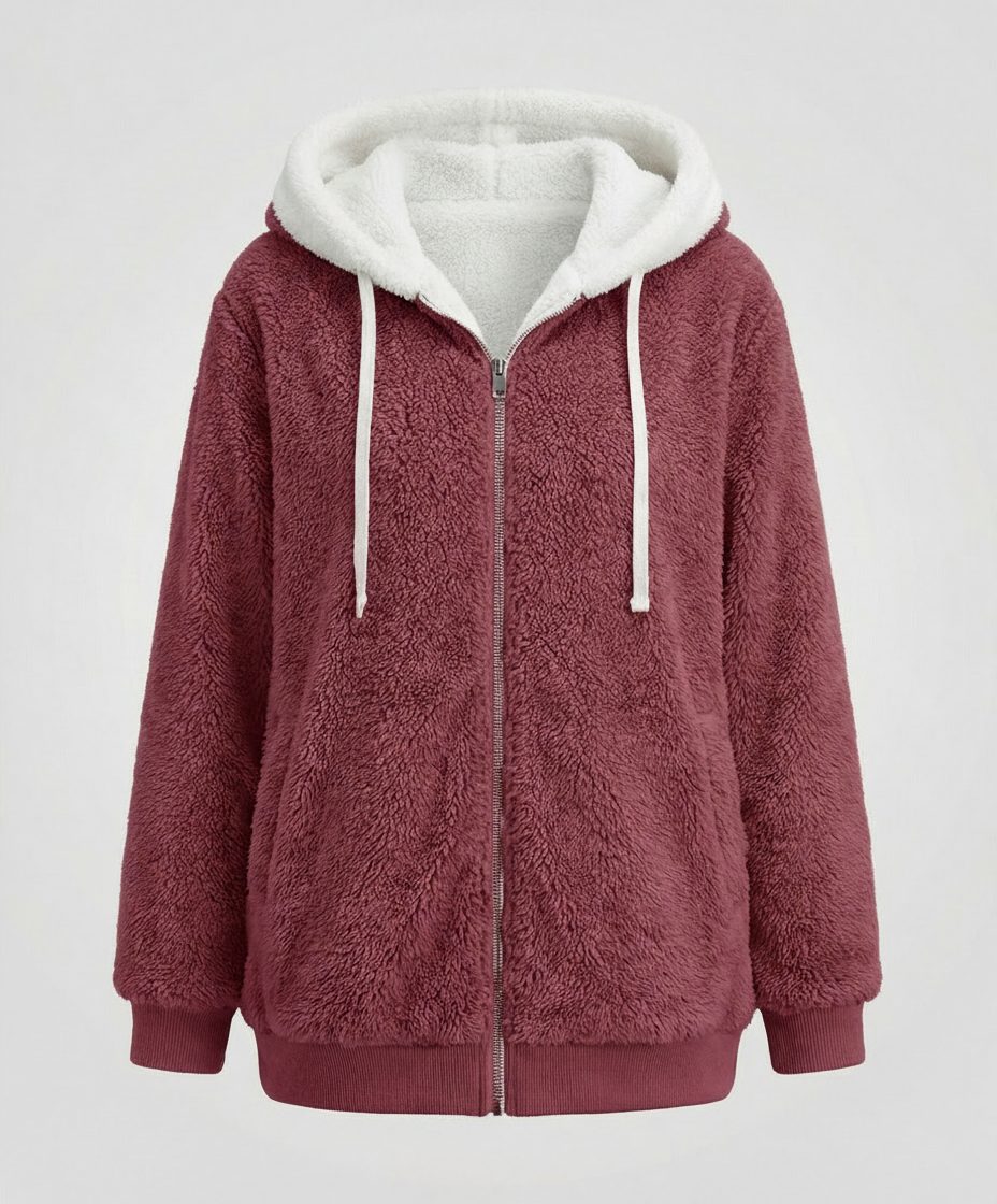 Women's Oversized Fleece Jacket with Sherpa-Lined Hood - Burgundy