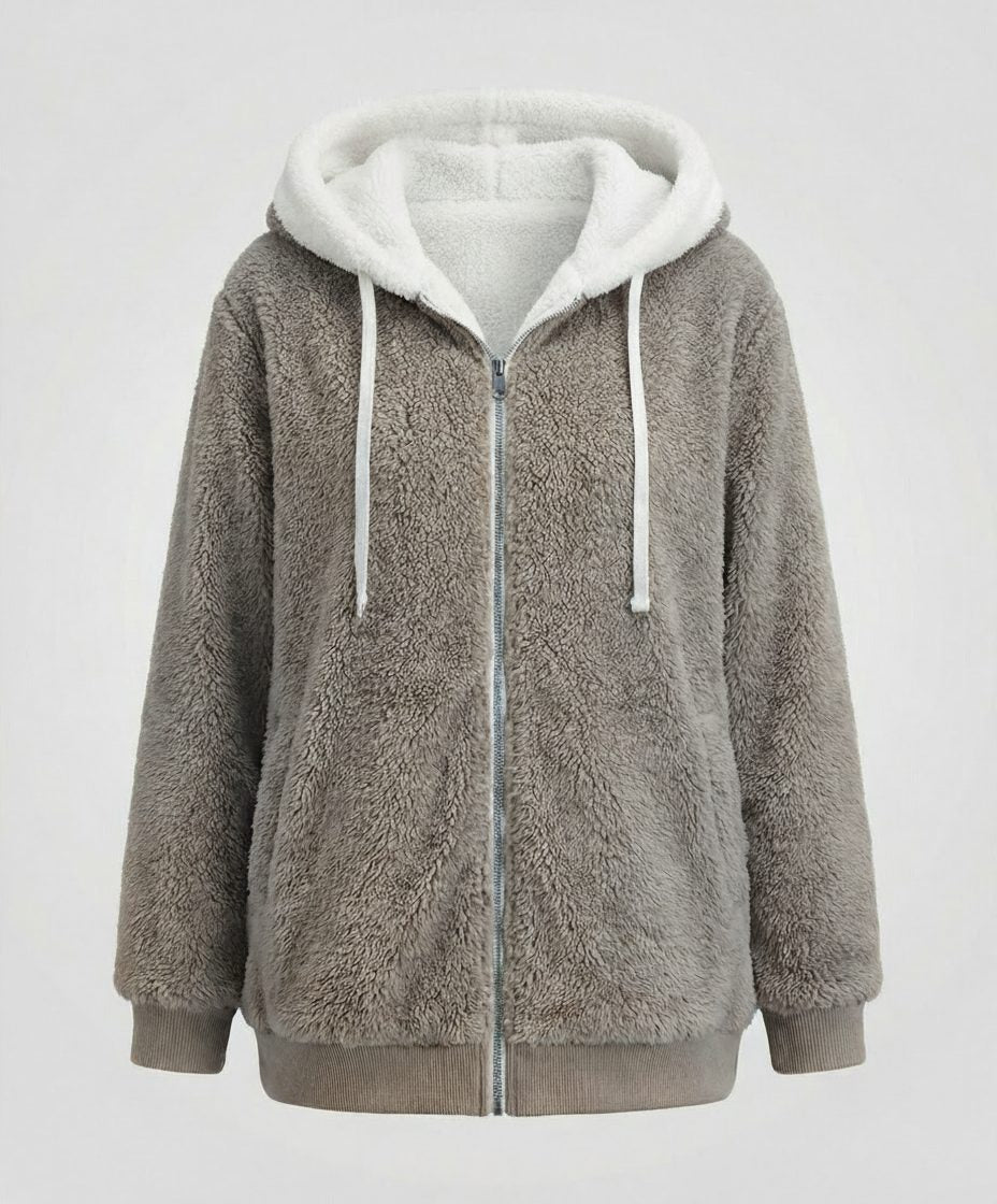 Women's Oversized Fleece Jacket with Sherpa-Lined Hood - Charcoal
