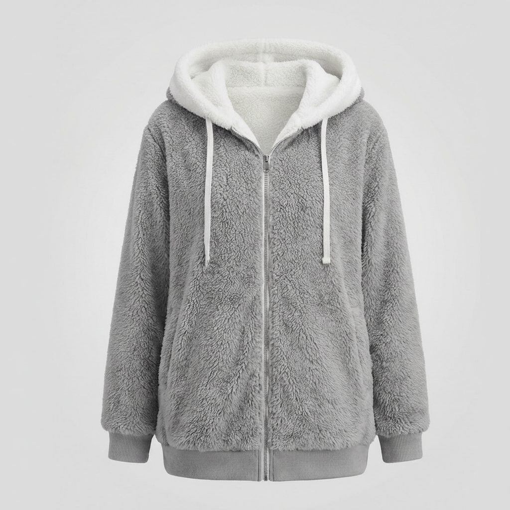 Women's Oversized Fleece Jacket with Sherpa-Lined Hood - Light Gray