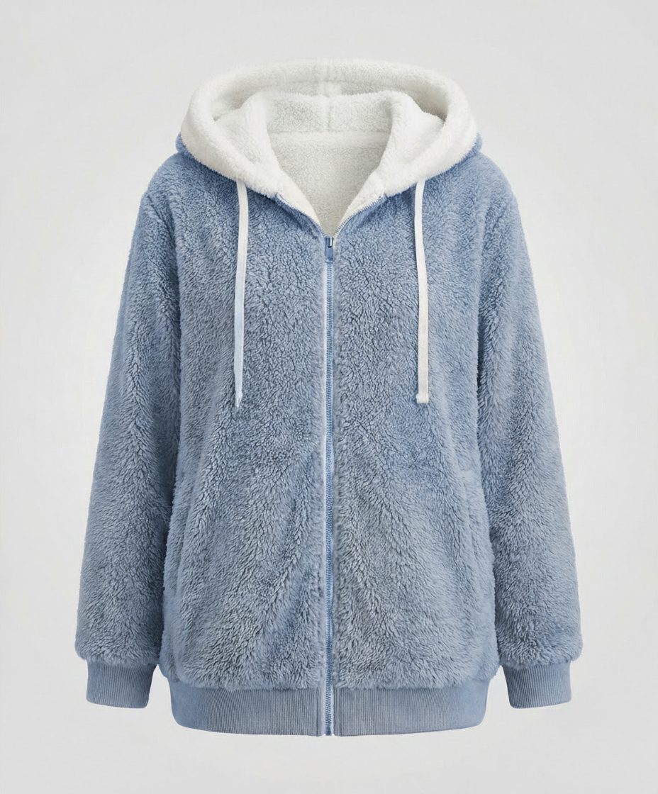 Women's Oversized Fleece Jacket with Sherpa-Lined Hood - Navy