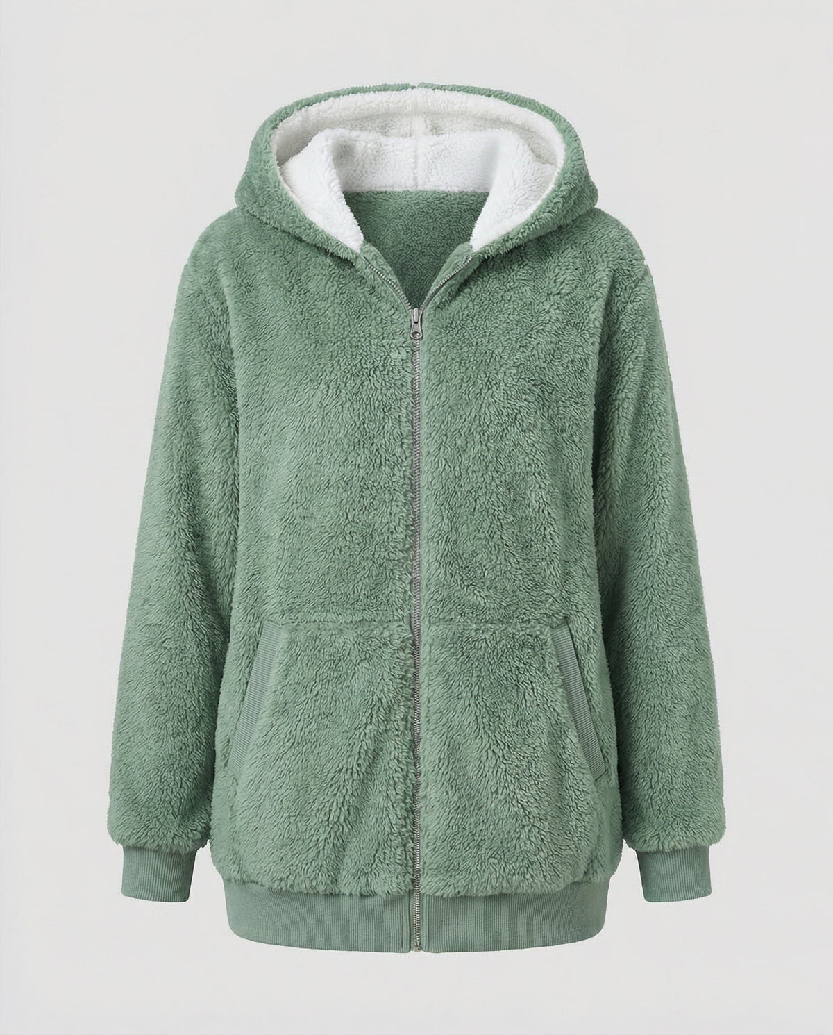 Women's Oversized Fleece Jacket with Sherpa-Lined Hood - Pine Green