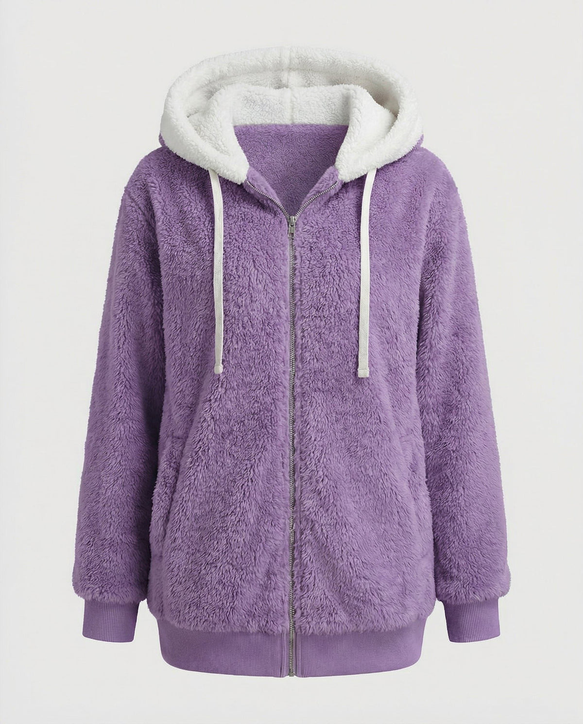 Women's Oversized Fleece Jacket with Sherpa-Lined Hood - Purple
