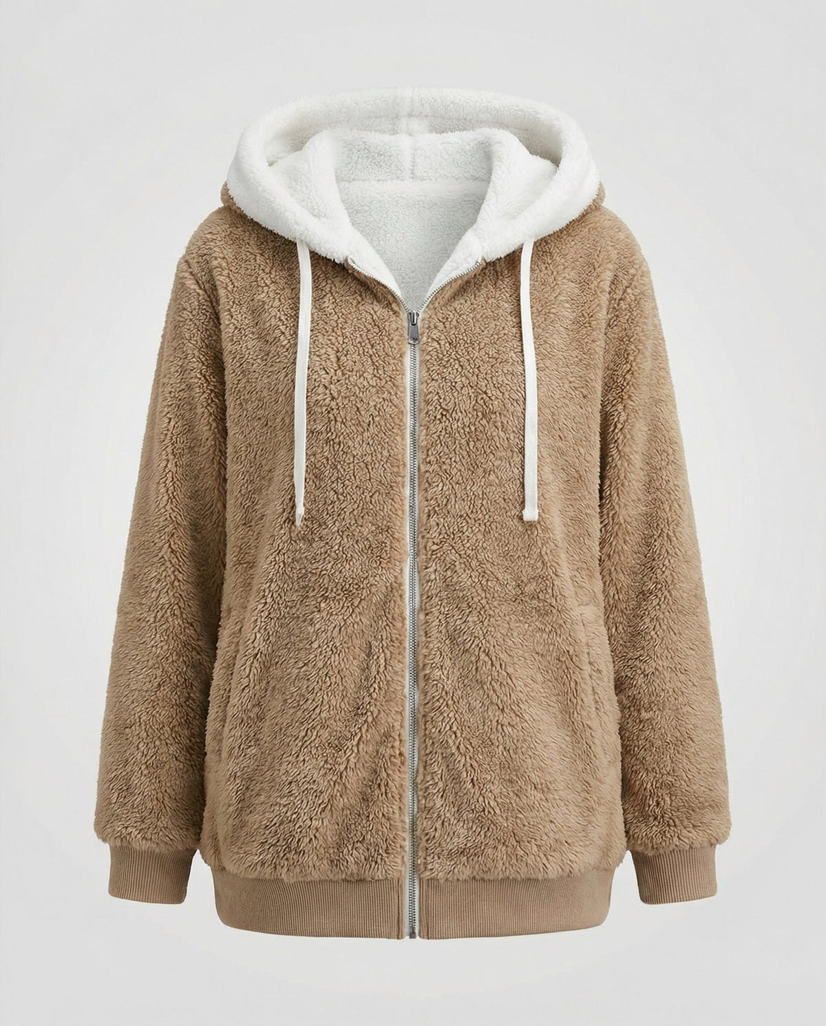 Women's Oversized Fleece Jacket with Sherpa-Lined Hood - Sand