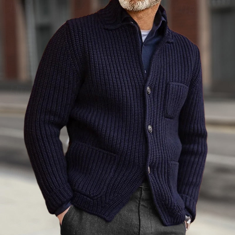 Men's Ribbed Stand-Collar Button Cardigan with Pockets - Black