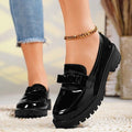 Women's Glossy Platform Loafers with Bow Detail - Black