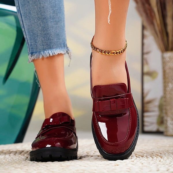 Women's Glossy Platform Loafers with Bow Detail - Red