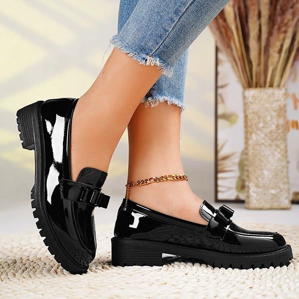 Women's Glossy Platform Loafers with Bow Detail