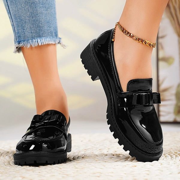 Women's Glossy Platform Loafers with Bow Detail