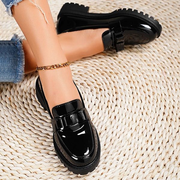 Women's Glossy Platform Loafers with Bow Detail