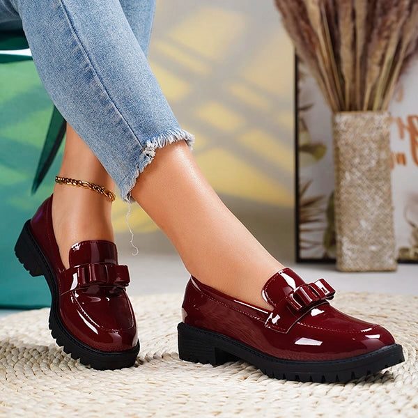 Women's Glossy Platform Loafers with Bow Detail