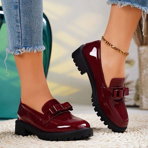 Women's Glossy Platform Loafers with Bow Detail